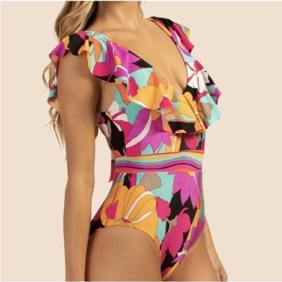 Trina Turk Gemini Ruffle V Neck Tie Back Maillot‎ One Piece Swimsuit - Picture 1 of 7
